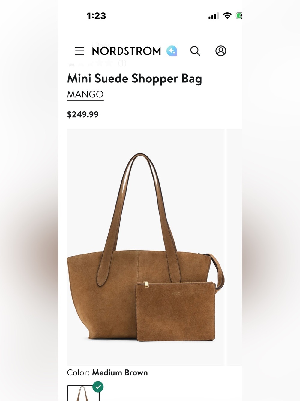 Mango Medium Brown Mini Suede Shopper Tote with Detachable Pouch